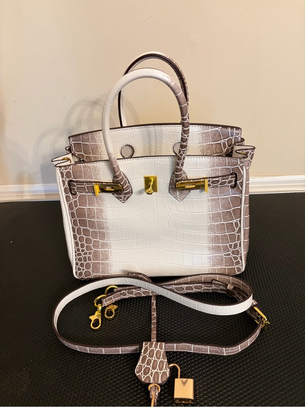 Croc-Embossed White and Taupe Satchel with Gold Hardware
